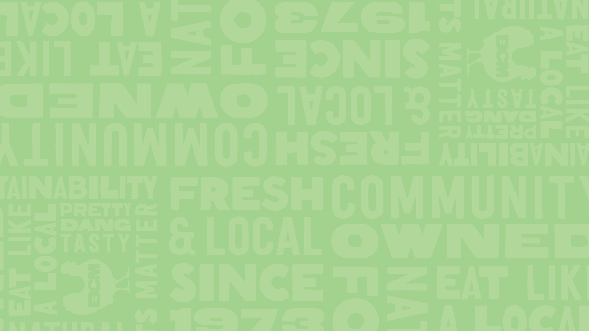A green background with light green text featuring words related to community, freshness, local food, and sustainability in various fonts and sizes.
