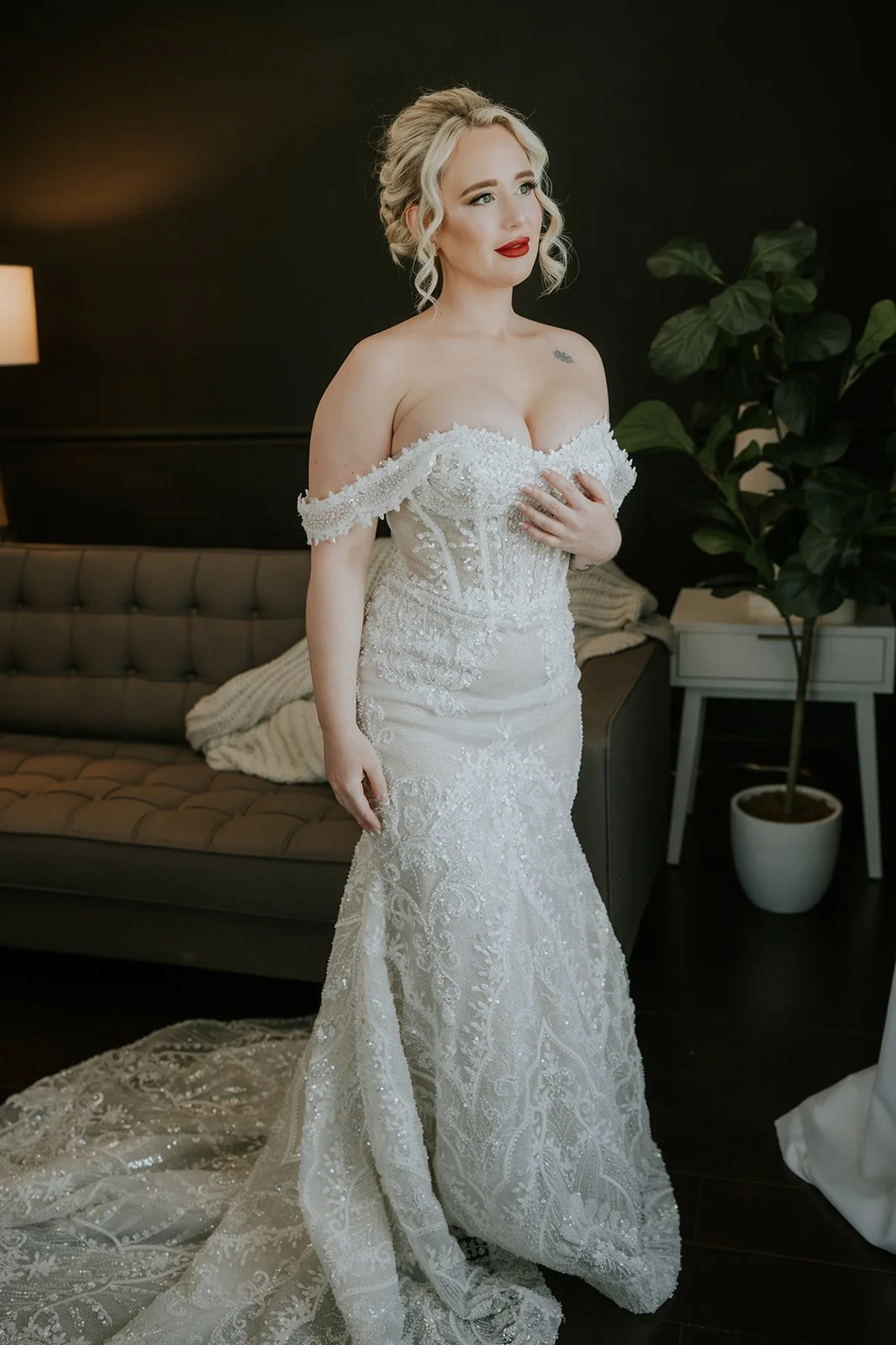 Bridal portrait of Naomie in off-shoulder beaded gown at Wedgewood Weddings Stallion Mountain wedding, hair by Courtney and makeup by Natalia for Amelia C & Co, photography by Stephen Salazar