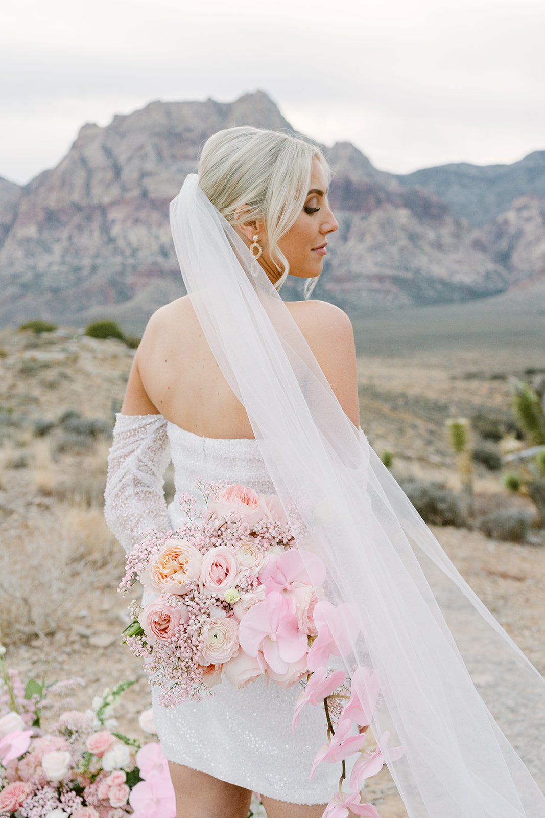 A bride with blonde hair and a white veil stands outdoors in a desert landscape with mountains in the background, holding a large bouquet of pink roses and lilies.