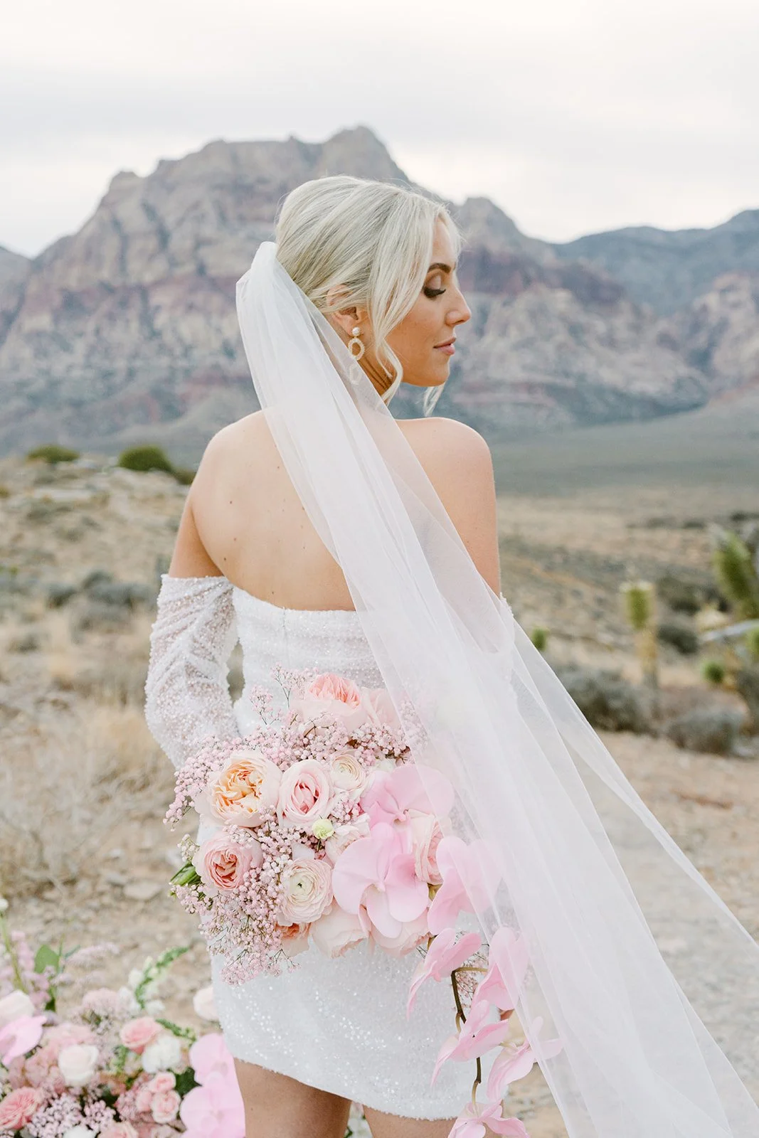 Bride with flowing veil and pink bouquet at Red Rock Canyon Las Vegas desert elopement, hair and makeup by Luci L for Amelia C & Co, photography by Kristen Joy
