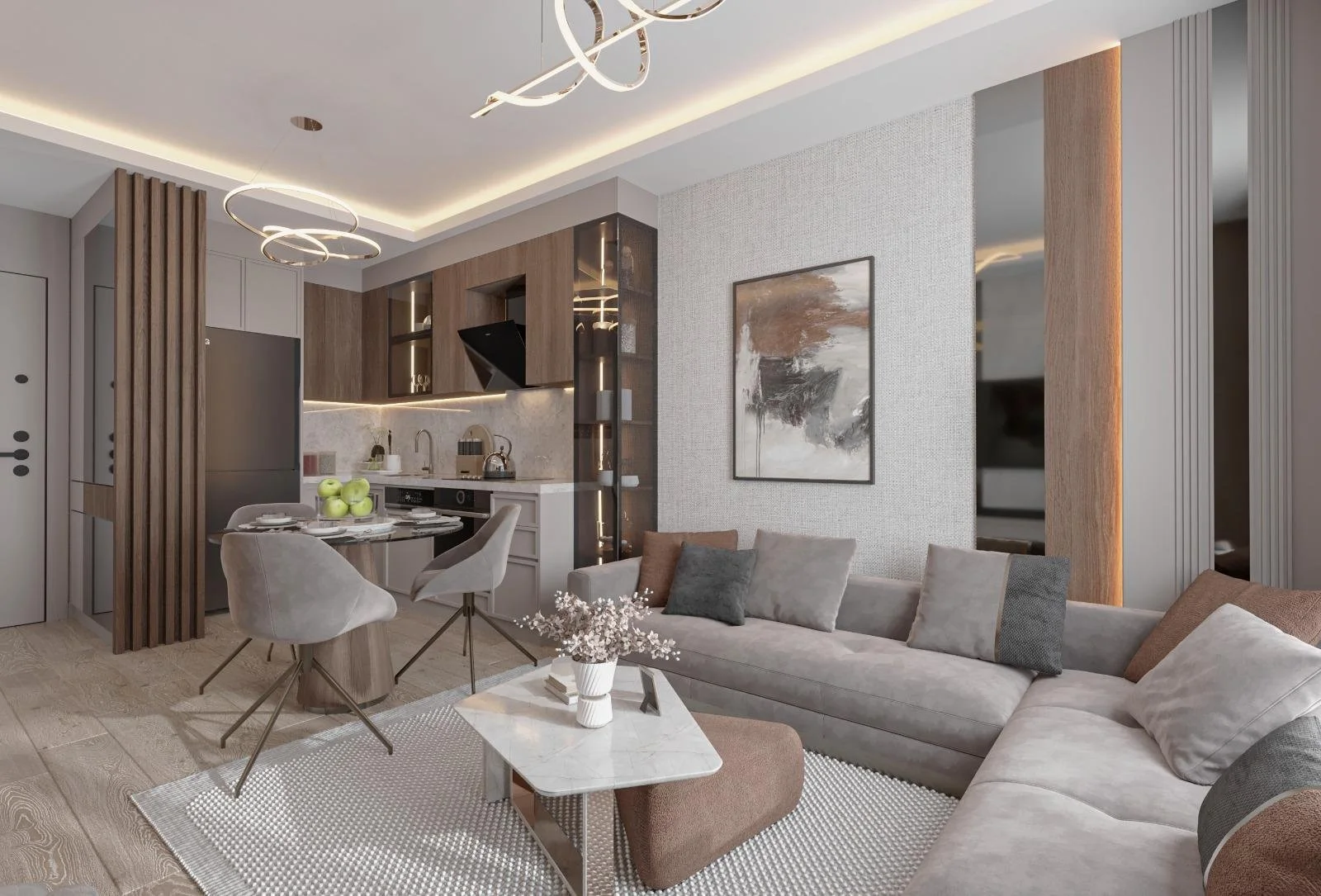EM Sky Residence salon ve mutfak iç mekan tasarımı