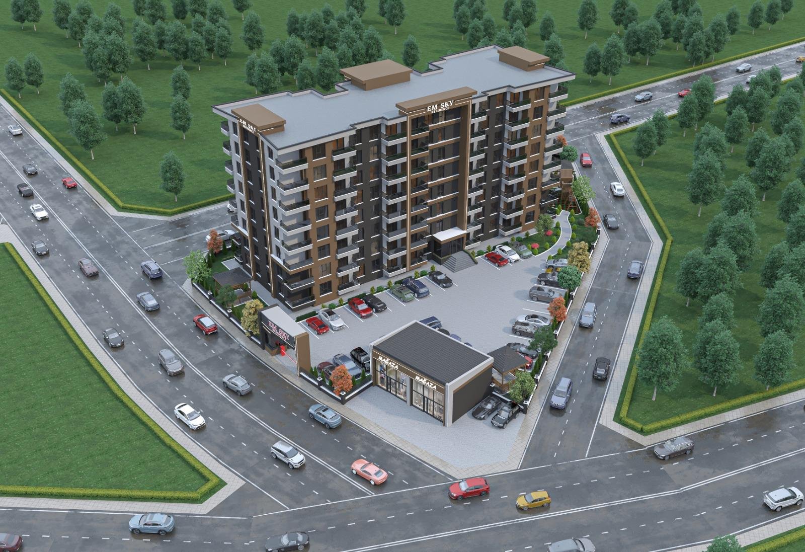 EM Sky Residence kuşbakışı dış mekan ve otopark görünümü