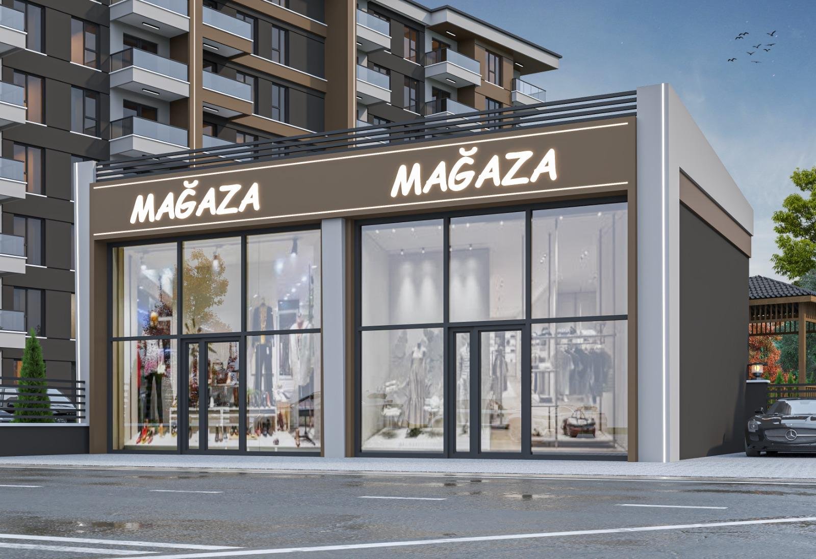 EM Sky Residence zemin kat mağaza cephe görünümü