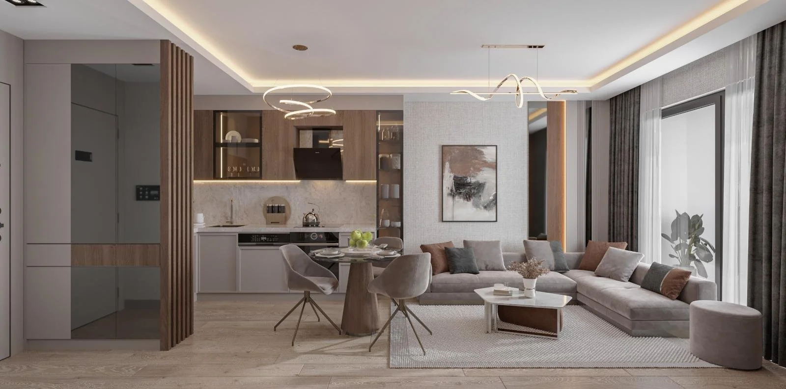EM Sky Residence geniş salon ve açık mutfak iç mekan görünümü