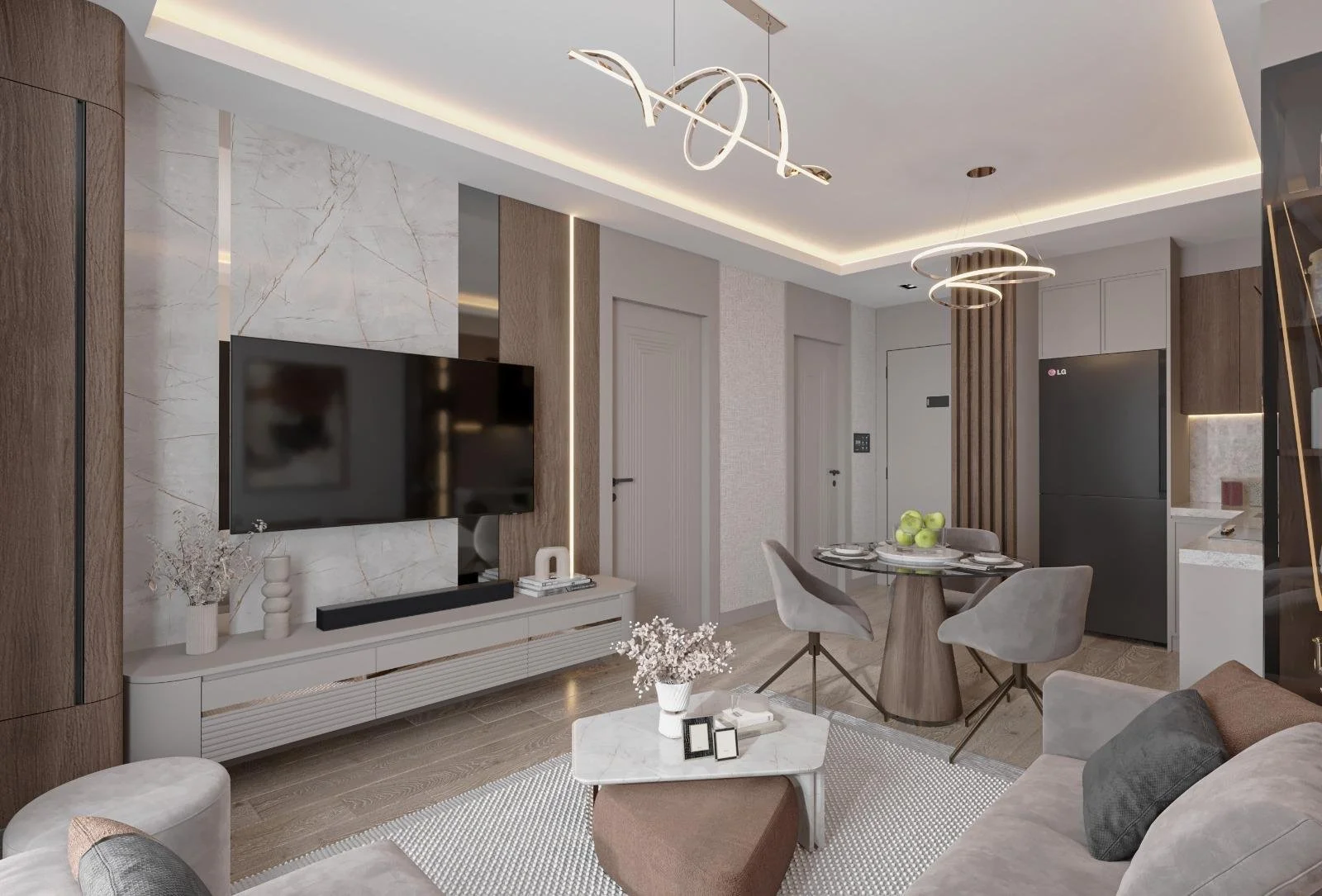 EM Sky Residence salon TV ünitesi ve açık mutfak iç mekan görseli