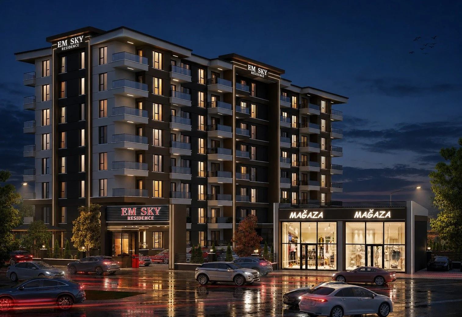 EM Sky Residence gece dış cephe ve mağaza görünümü