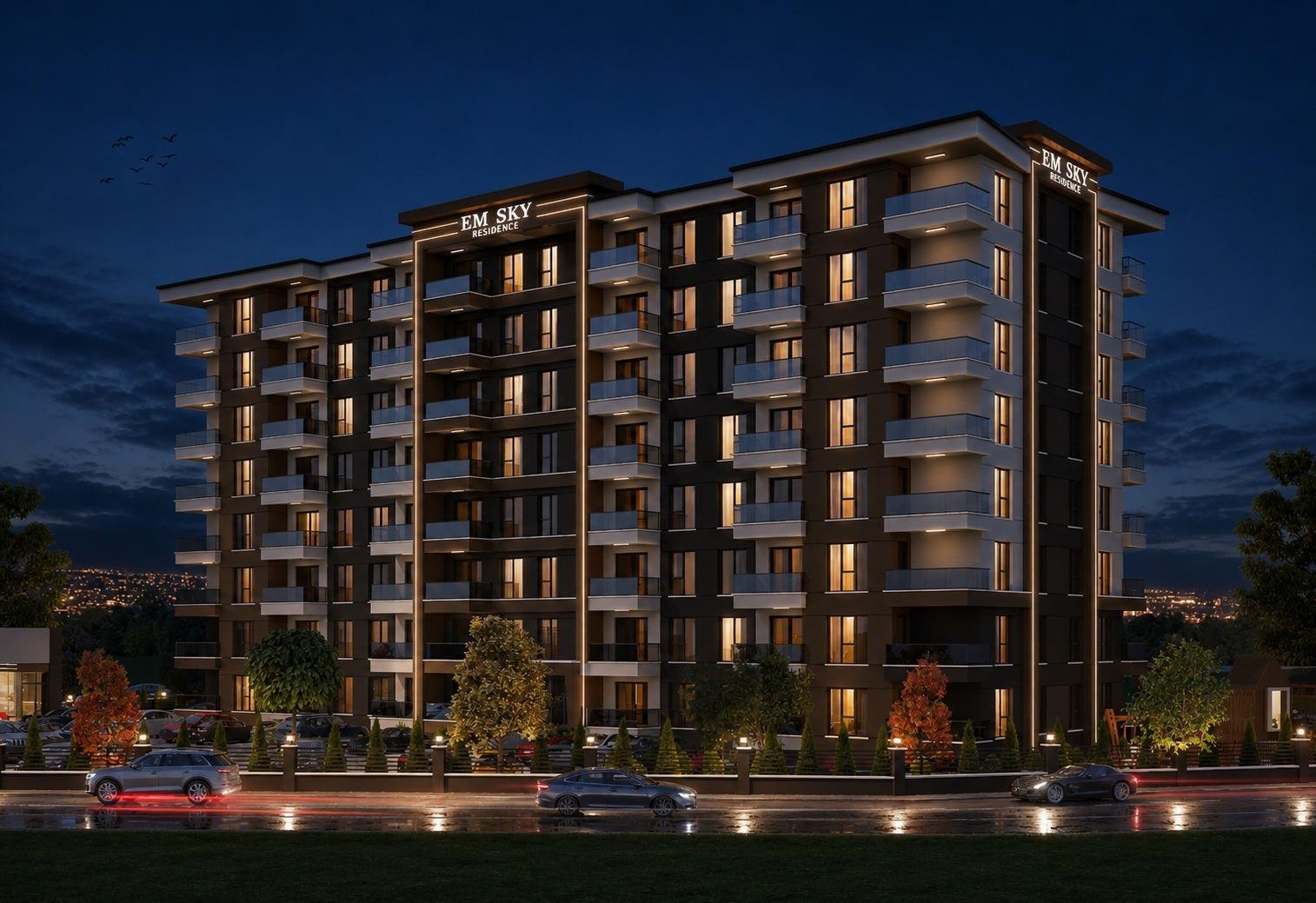 EM Sky Residence gece genel dış cephe görünümü