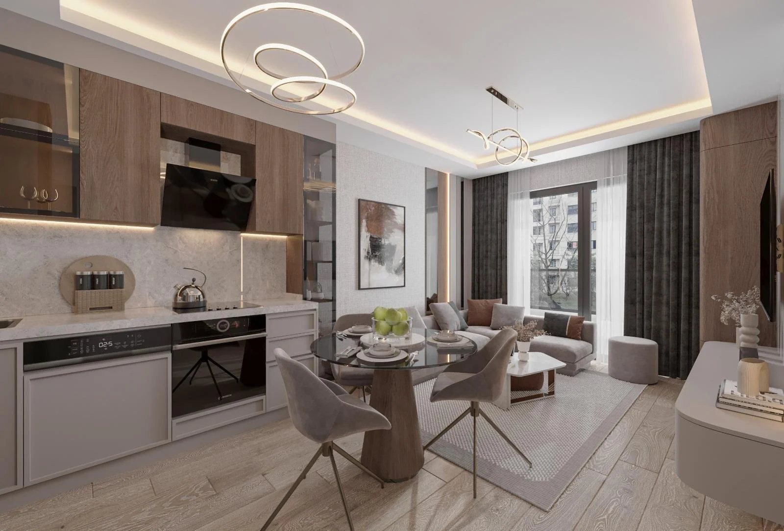 EM Sky Residence salon ve mutfak genel iç mekan görünümü