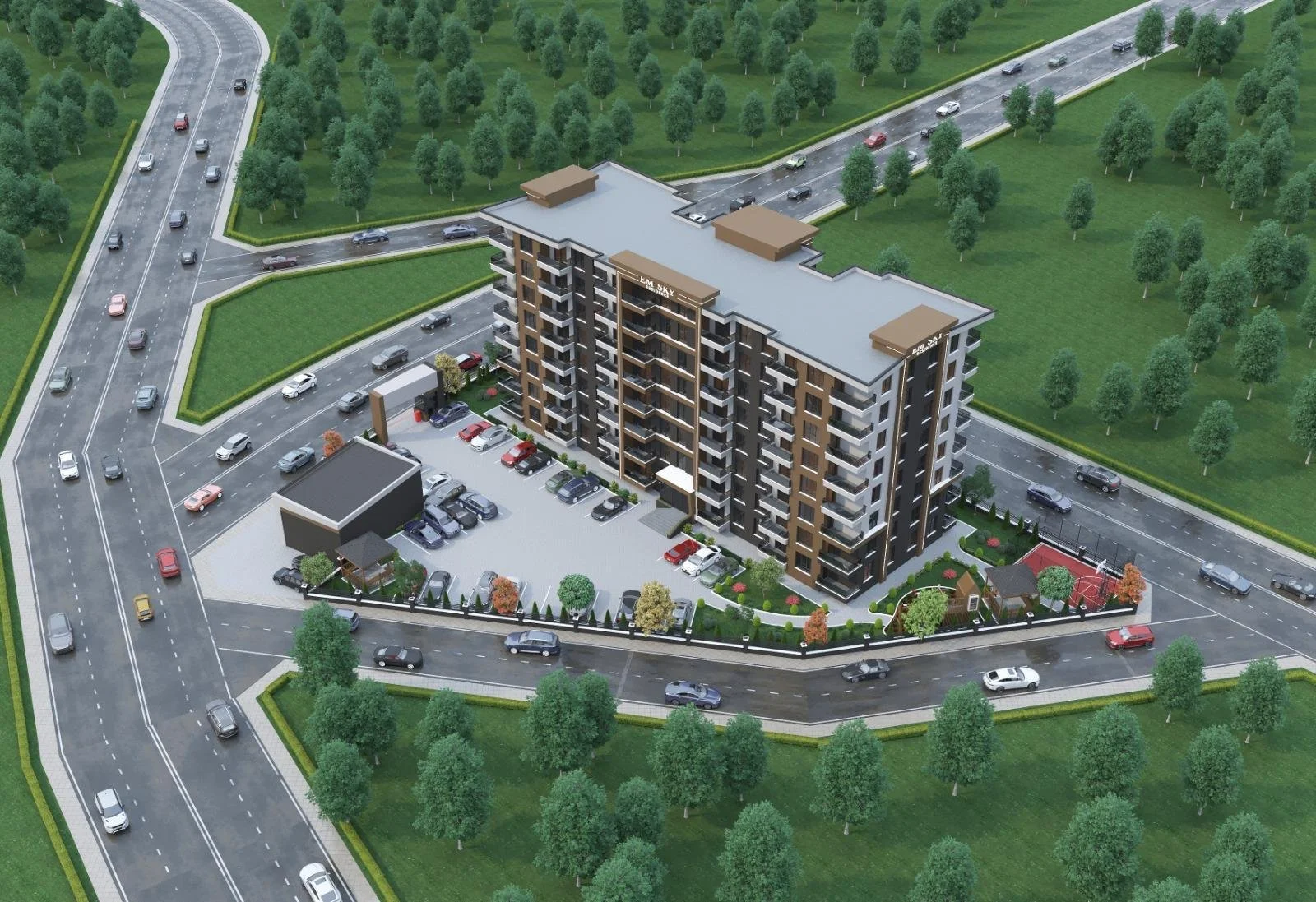 EM Sky Residence kuşbakışı vaziyet planı ve çevre düzenlemesi