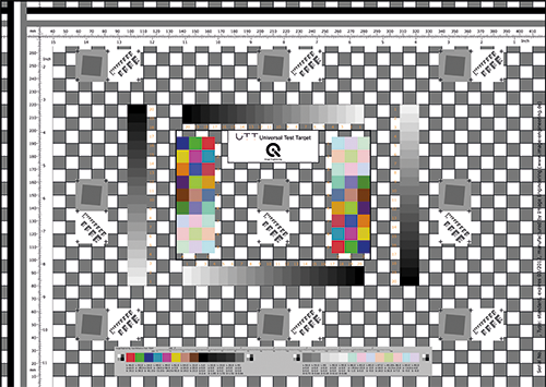 A checkerboard calibration chart used for camera testing, featuring two vertical color test strips, black and white borders, a gray scale, and measurement markings.