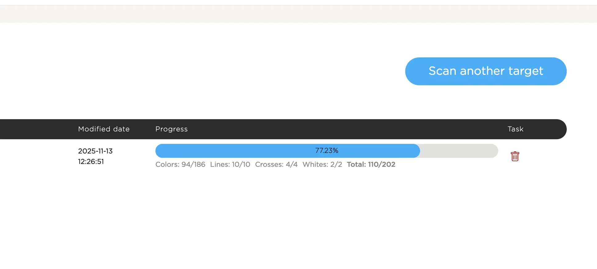 Screenshot of a user interface showing a progress bar at 77.23%, with a modified date of 2025-11-13 and time 12:26:51, and a task to scan another target, along with a trash bin icon for deletion.