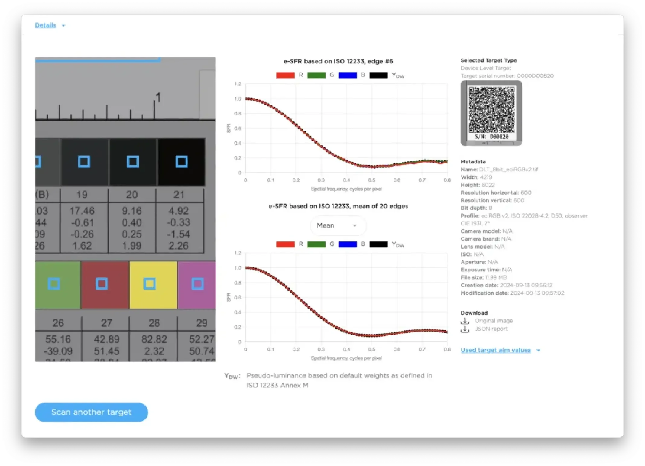 NimbusQA inspection details view showing a target preview, e-SFR charts and image metadata