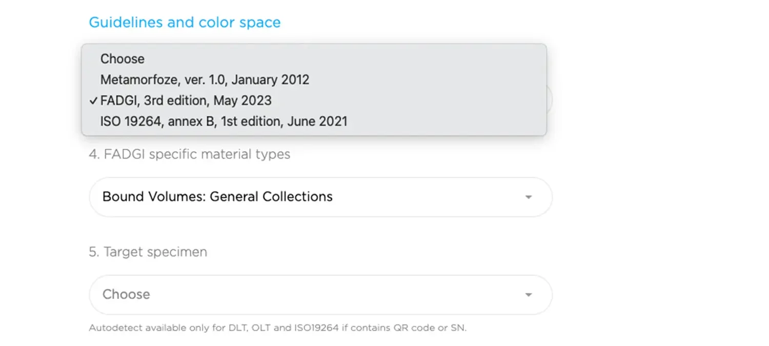Screenshot of a software interface with a dropdown menu for selecting guidelines and color space options, showing choices for Metamorfose, FADGI, and ISO standards; the FADGI 3rd edition, May 2023 is selected.