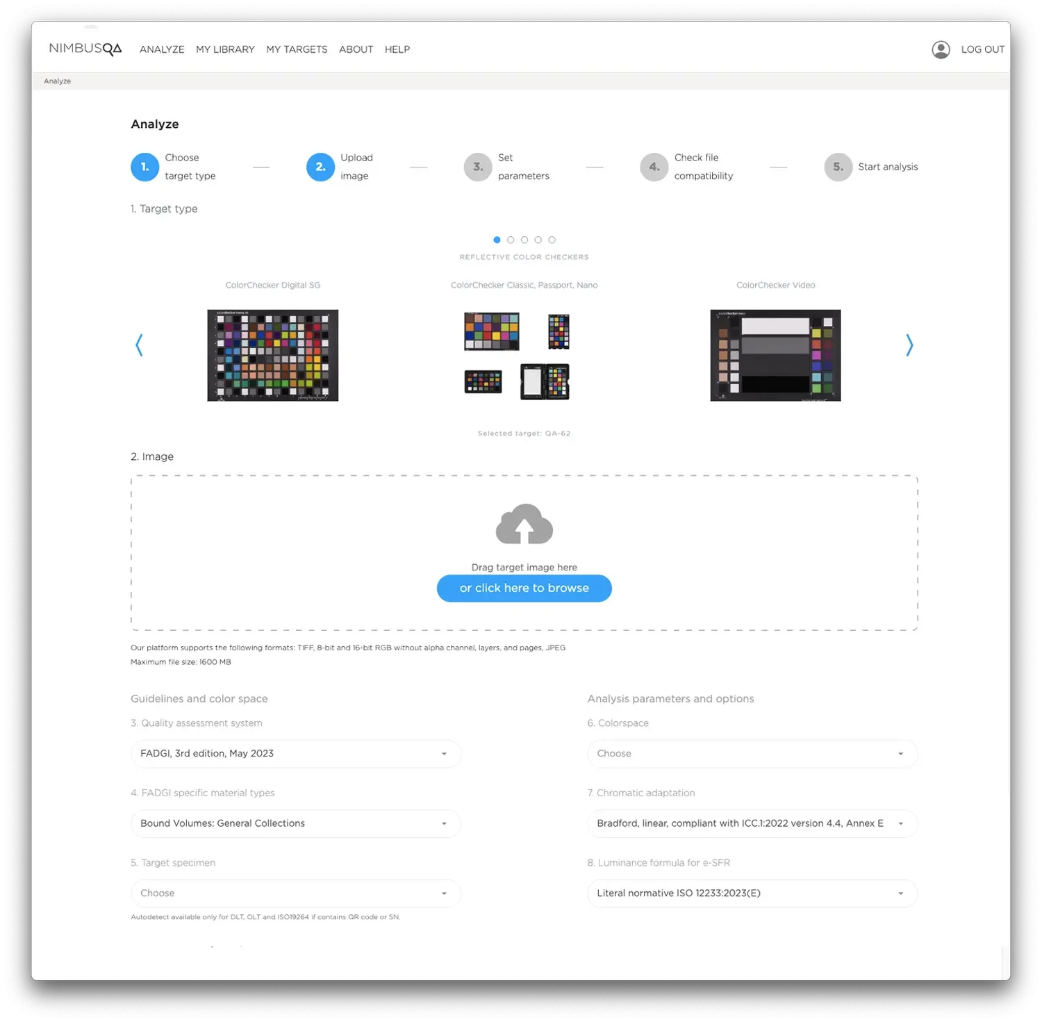 NimbusQA Analyze screen showing target selection, image upload and quality assessment settings