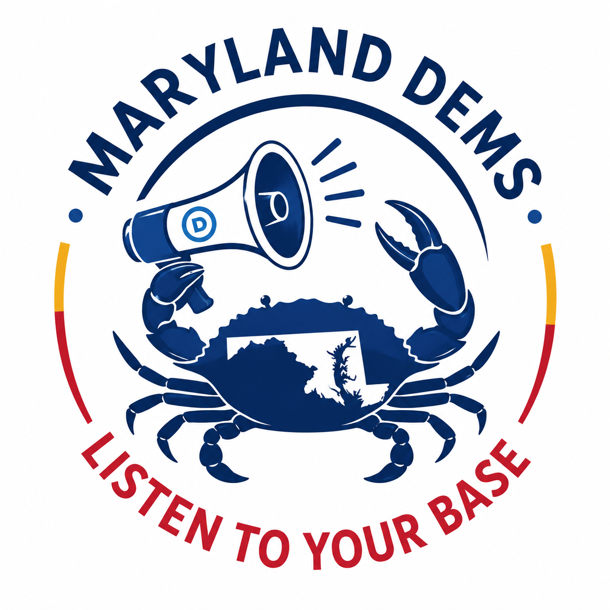 A logo for Maryland Dentshows a crab with a map of Maryland on its body and a megaphone labeled 'D' in one claw. The crab is surrounded by a circular text that reads 'Maryland Dentshows' at the top and 'Listen to Your Base' at the bottom.