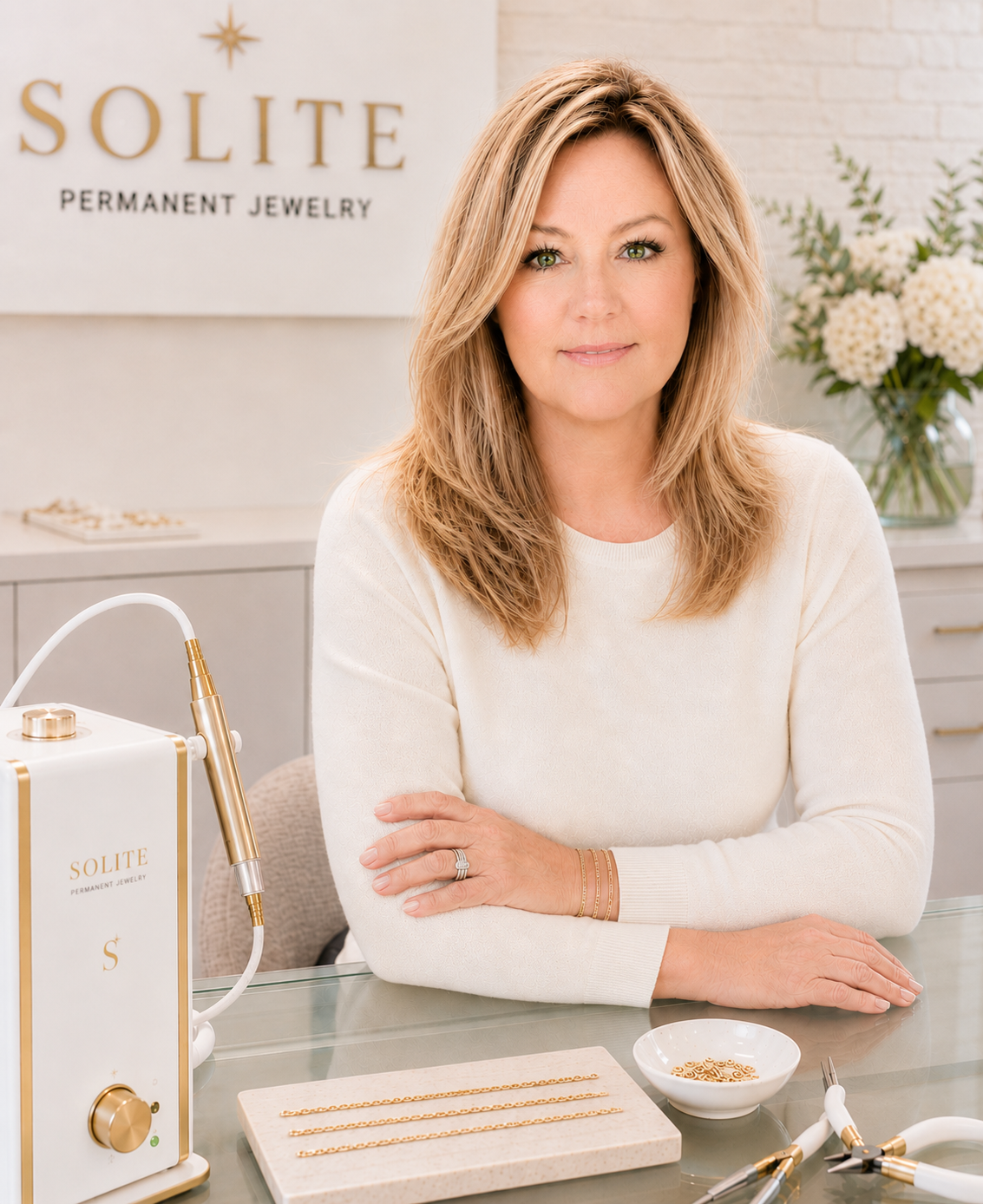 Emma, owner of SOLITE Permanent Jewelry, in her Cary, NC permanent jewelry studio with welder and gold-filled chains.