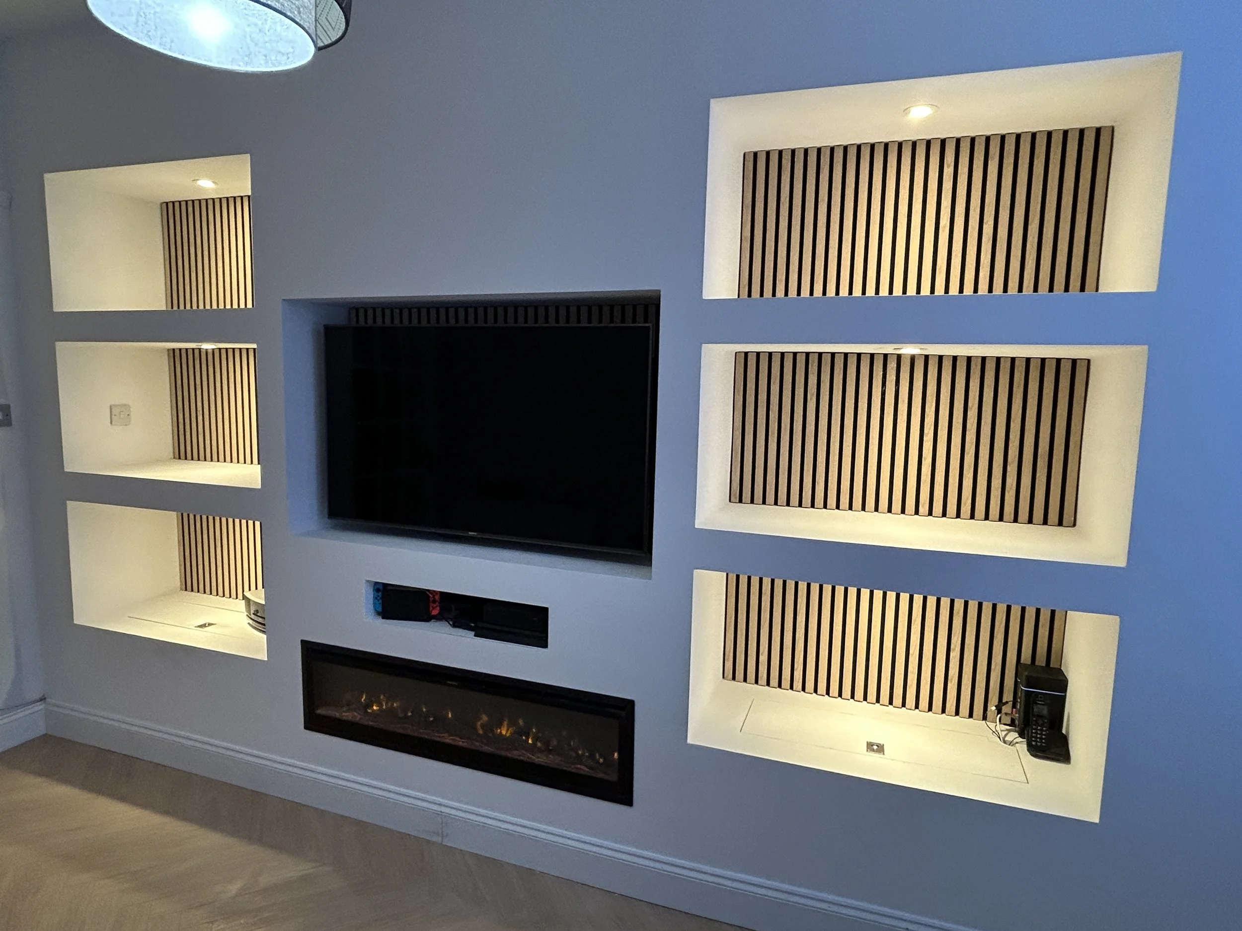 Luxury Media Wall with Illuminated Oak Slat Niches