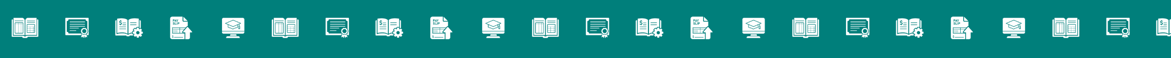 Row of financial, educational, and business icons on a teal background, including a calculator, document, gear, pay slip, graduation cap, open book, sliding door, monitor, and folder. Representing the services of Redman Bookkeeping Solutions.