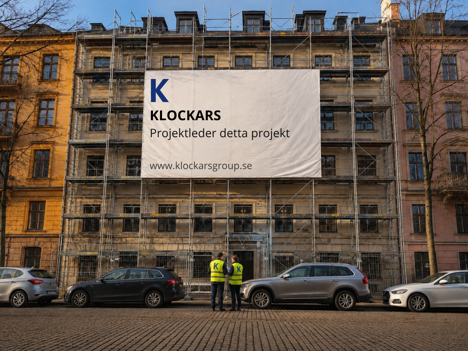 Två personer i gula säkerhetsvästar står framför ett byggprojekt med byggnadsställningar på en stadsgata, bakom ett äldre byggnadsfasad och parkeringar.