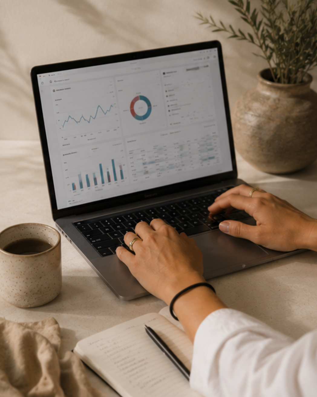 Persona trabajando en una computadora portátil con gráficos y datos en la pantalla, una taza de café y una libreta con un bolígrafo sobre una mesa cercana, decorada con una planta en una maceta.