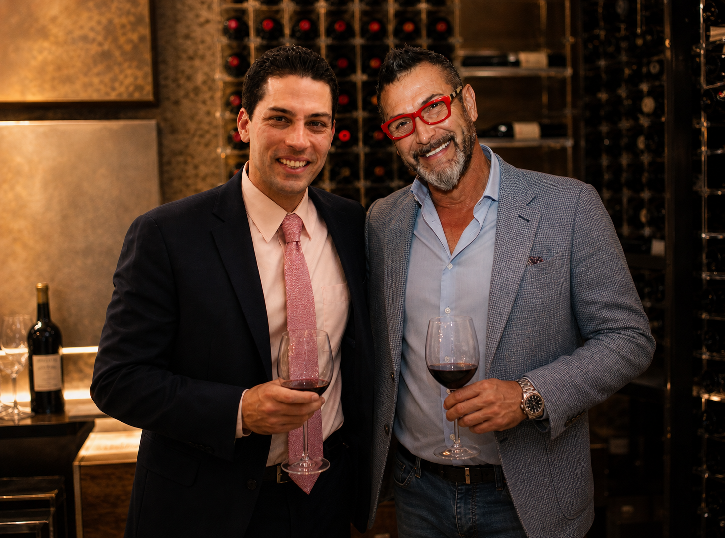 Two men smiling and holding glasses of red wine in a wine cellar or bar, with wine bottles in the background.