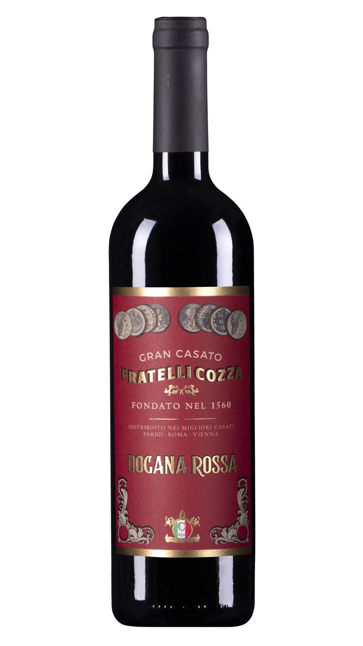 A bottle of red Italian wine with a red and gold label, featuring coins and text including "Fratelli Cozza" and "Dogana Rossa."