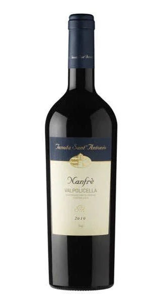 A bottle of red wine with a blue foil cap and a white and blue label.