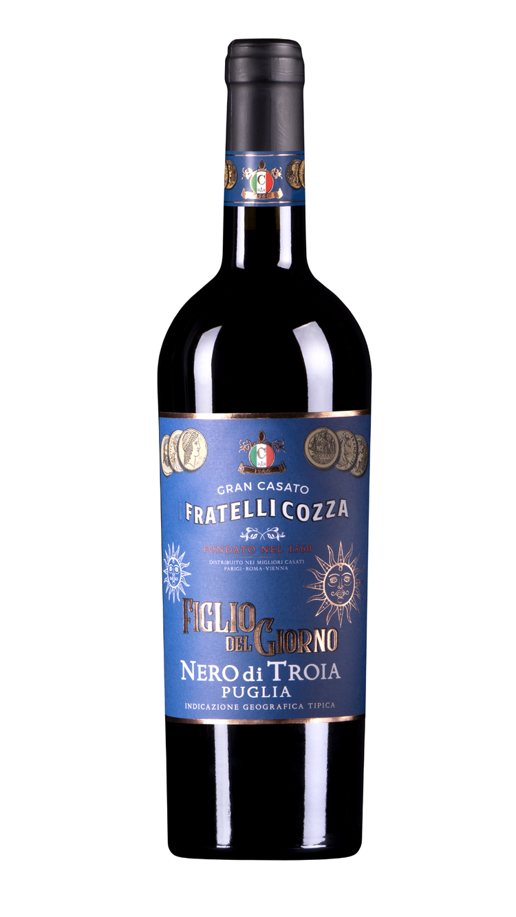 A bottle of Italian red wine with a dark glass body and a blue label.