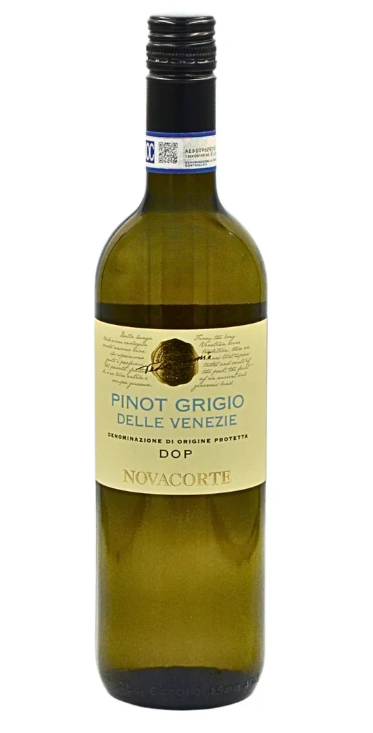 A bottle of Pinot Grigio wine with a beige label containing black and blue text, and a black screw cap.