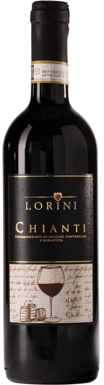A bottle of Lorini Chianti wine with a black label featuring gold and white text and a drawing of a wine glass and barrels.