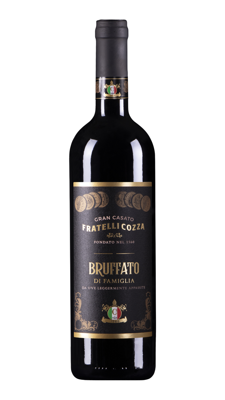 A dark bottle of Fratelli Cozza Bruffato di Famiglia red wine with a black and gold label.