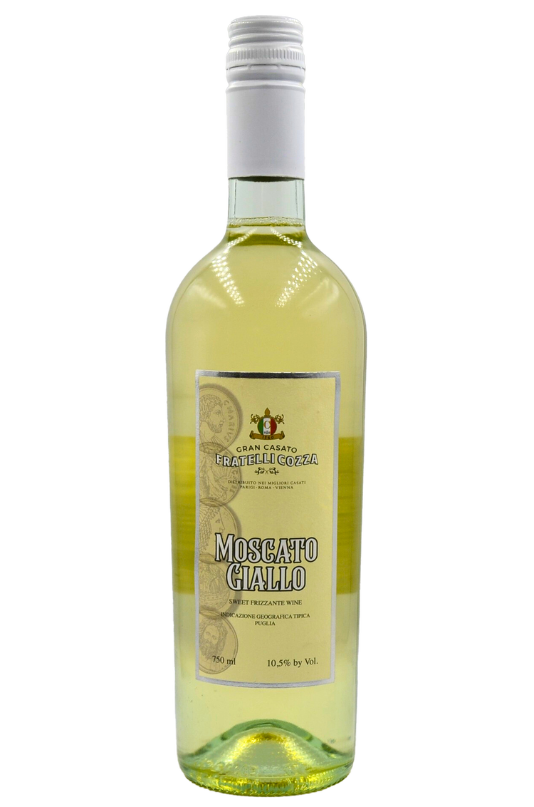 A bottle of Moscato Giallo wine with a white cap and a yellowish liquid inside.