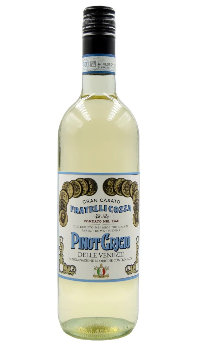 A bottle of Fratelli Cozza Pinot Grigio wine from Venice, Italy.
