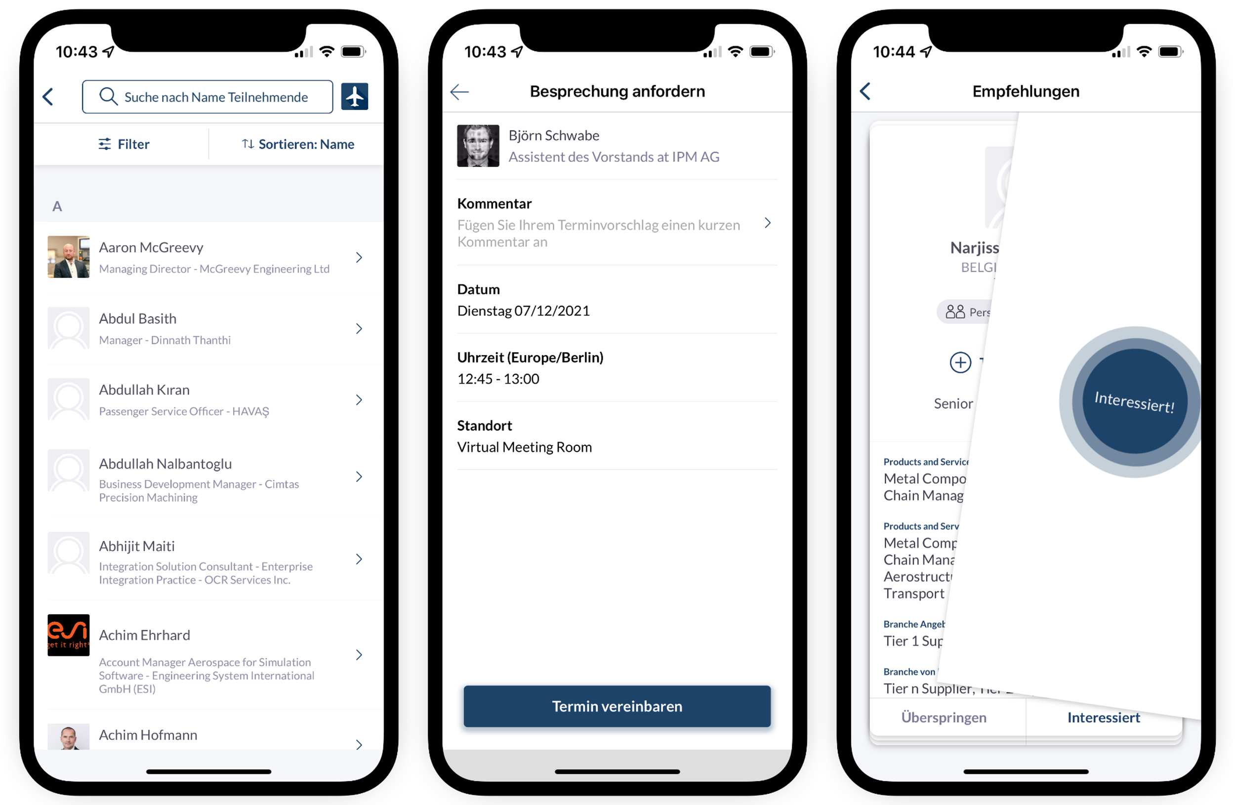 Screenshots einer App mit Kontaktübersicht, Terminplanung und Empfehlsfunktion, alle auf einem Smartphone mit schwarzem Rahmen und deutschem Text, auf dem Bildschirm sind Kontaktliste, virtuelle Meeting-Details und eine Interessensbekundung sichtbar.