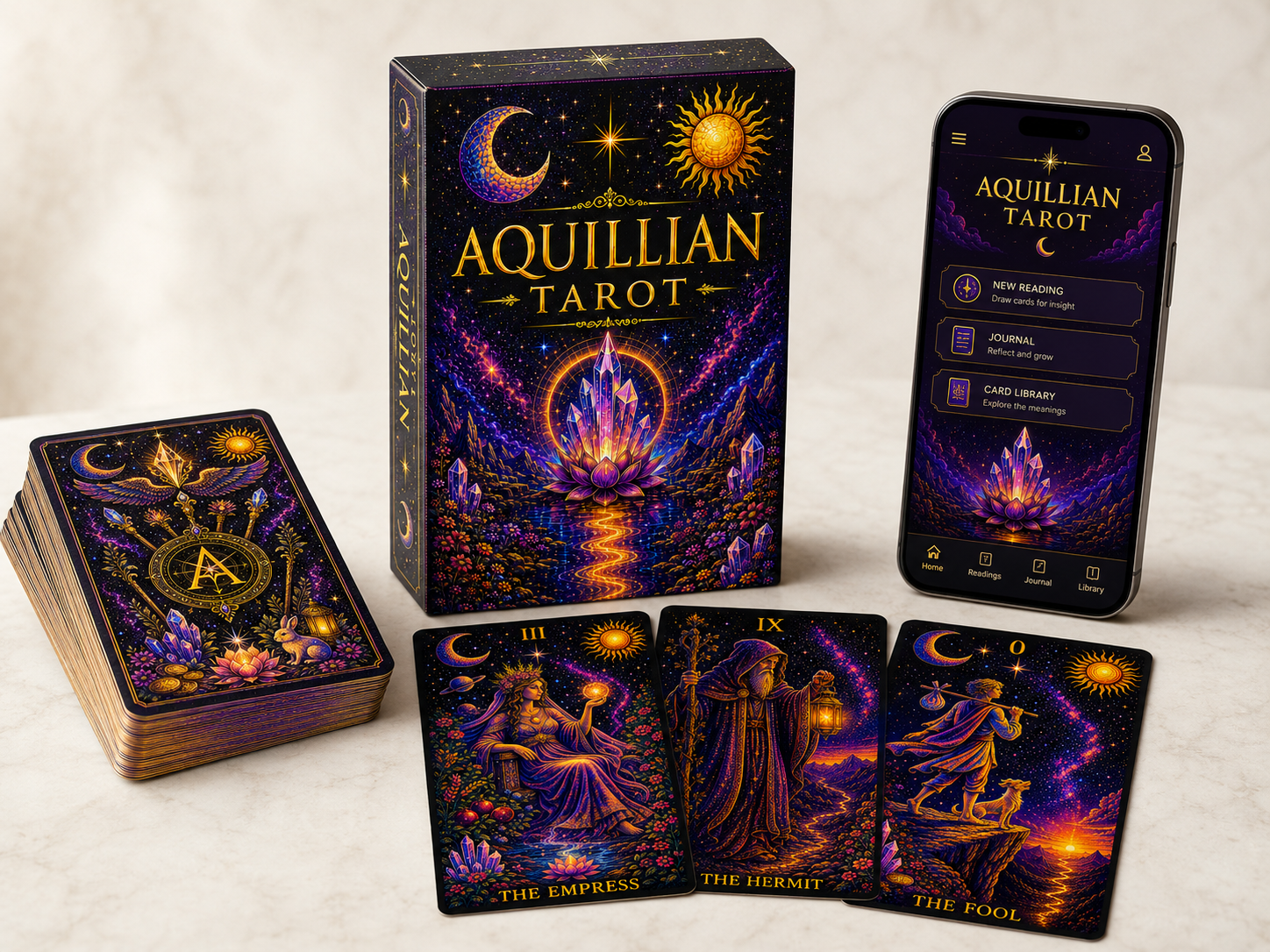 A deck of Aquillan Tarot cards with mystical artwork, a box with celestial imagery, and a smartphone displaying the tarot app interface.