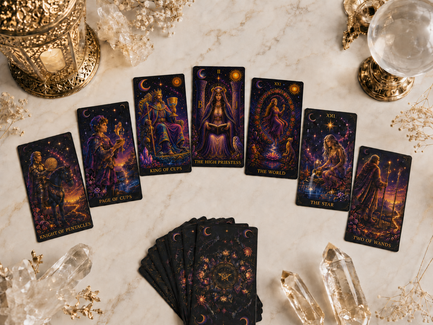 A spread of tarot cards laid out on a marble surface, surrounded by crystals, candles, and gold decorative items. The cards feature detailed, colorful artwork depicting various mystical figures and symbols.