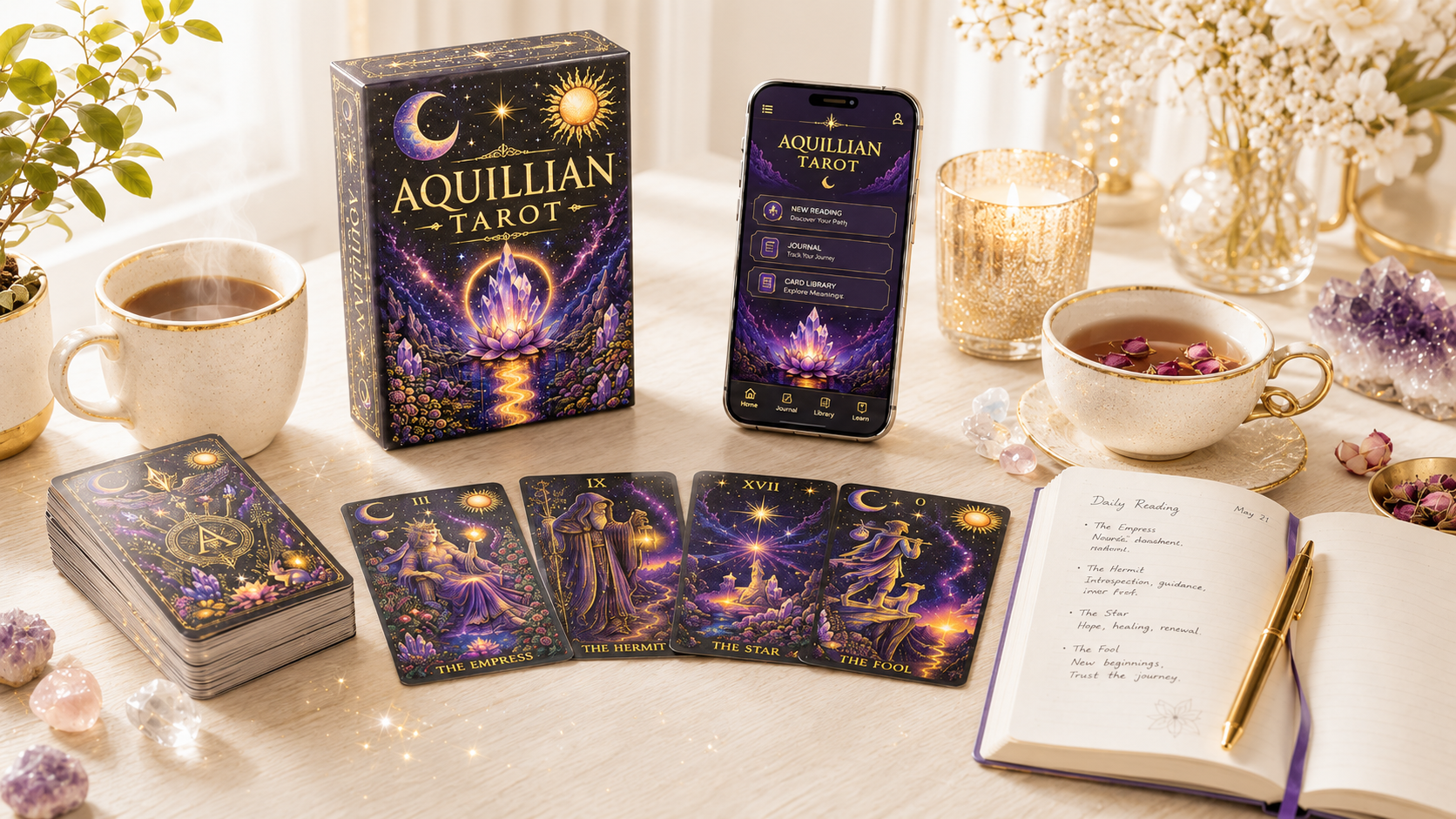 A tarot card reading setup with Aquillian Tarot deck, tarot cards, a phone displaying the app, a notebook with handwritten notes, two cups of tea, candles, crystals, and plants on a white table.