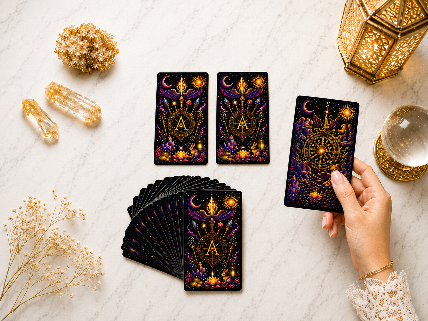 A person holding a tarot card, with two other tarot cards laid out on a white surface, surrounded by decorative objects including crystals, a lantern, and a globe, with dried flowers visible in the corner.