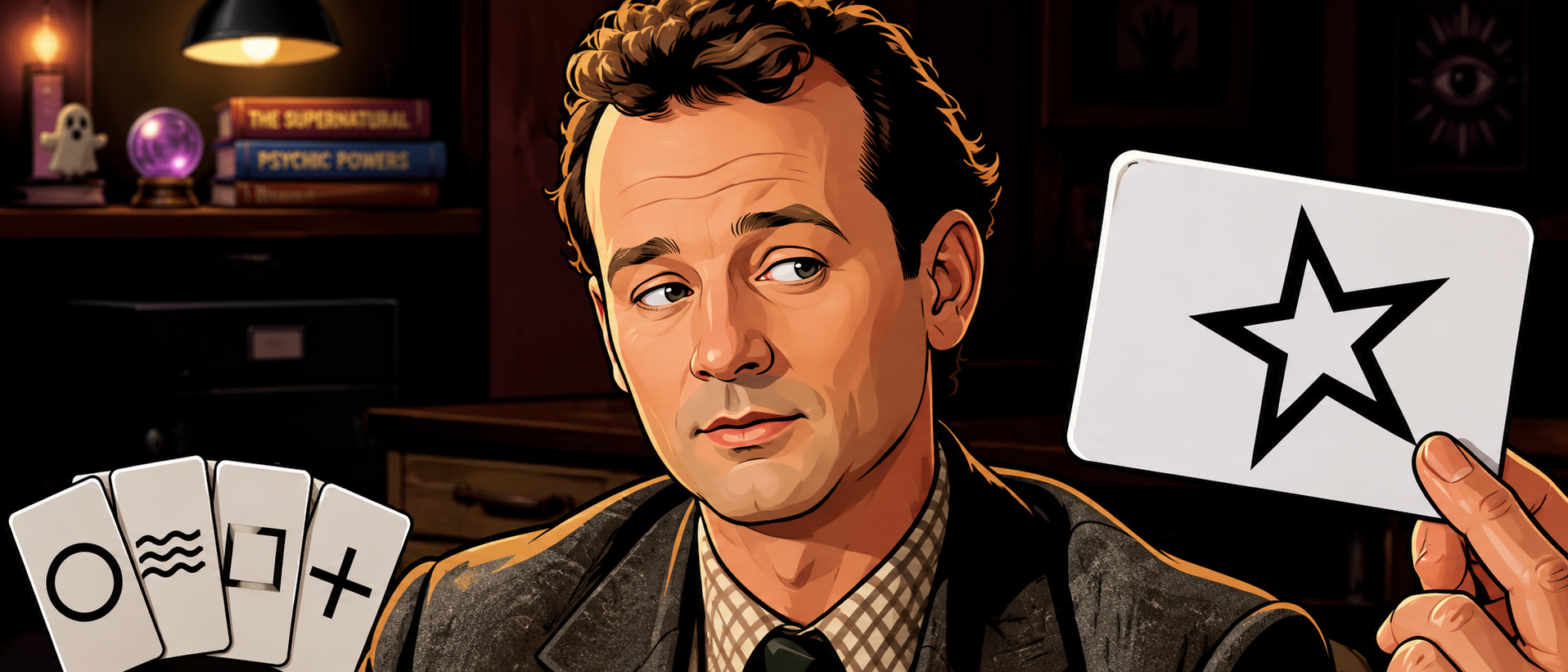 A cartoon-style illustration of a man holding playing cards, with a deck of cards featuring symbols like a circle, wavy lines, a square, and a plus sign, and a hand displaying a card with a star directly in front of him.