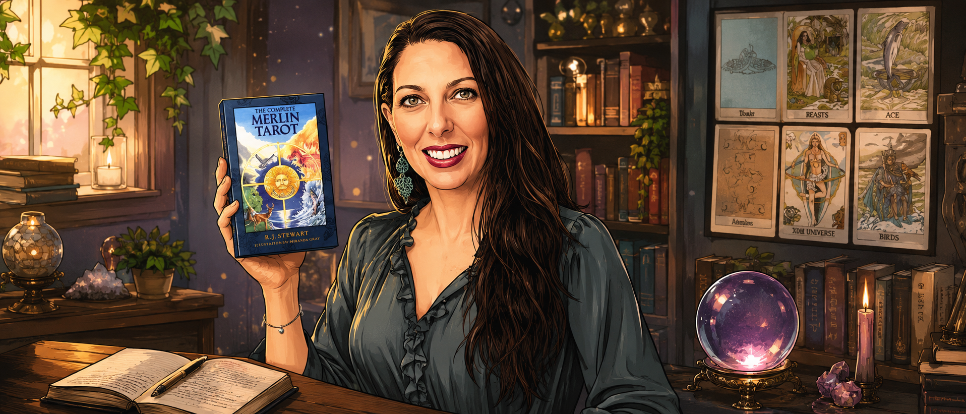 A woman with long dark hair smiling and holding a tarot card deck titled 'The Complete Merlin Tarot' in a cozy, decorated room with books, tarot cards, crystals, and a glowing purple crystal ball.