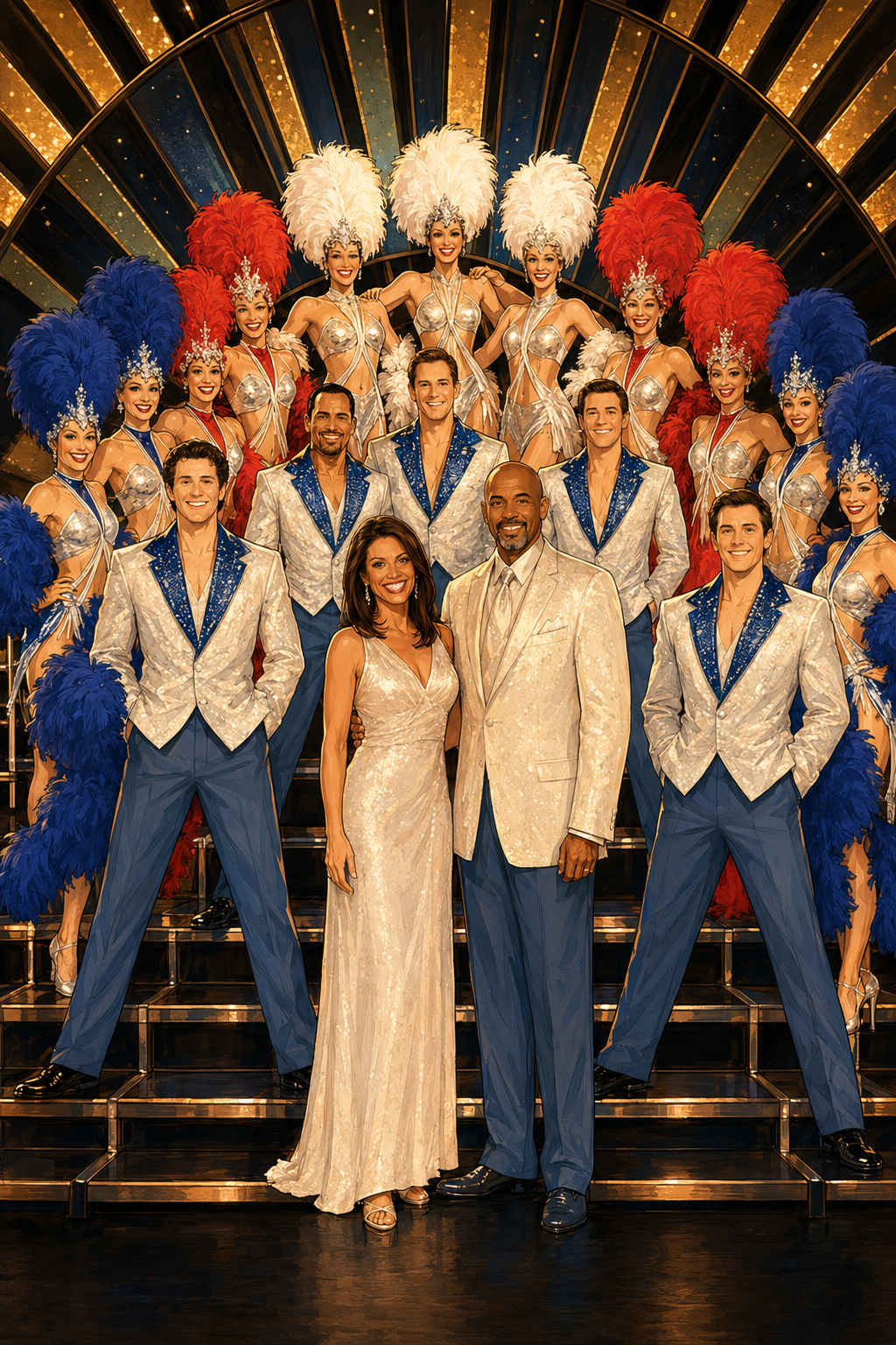 A group of performers dressed in elaborate costumes pose on a staircase in a glamorous setting, with a backdrop of gold and black decorative arches. The group includes women wearing feathered headdresses in red, white, and blue, with metallic silver tops, and men in white jackets with blue lapels and matching trousers, along with a woman in a white evening gown and a man in a white suit.