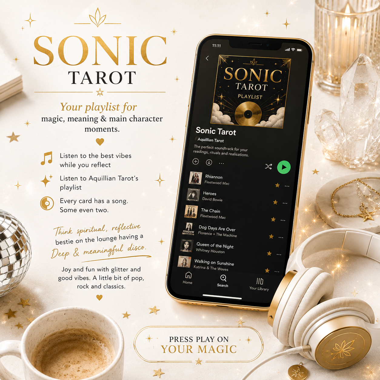 An advertisement for Sonic Tarot features a smartphone displaying a playlist for reflection and spirituality, surrounded by gold and white decorative objects, a cup of coffee, and headphones.