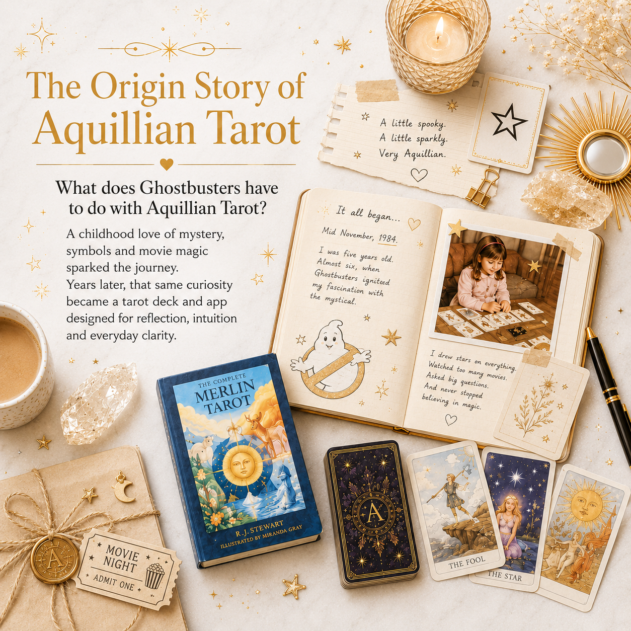 Decorative flat lay of tarot cards, a book titled 'The Complete Merlin Tarot,' a journal with handwritten notes and sketches, a lit candle, crystals, and a gift box with a 'Movie Night Admit One' tag. The setting includes gold and white accents, star