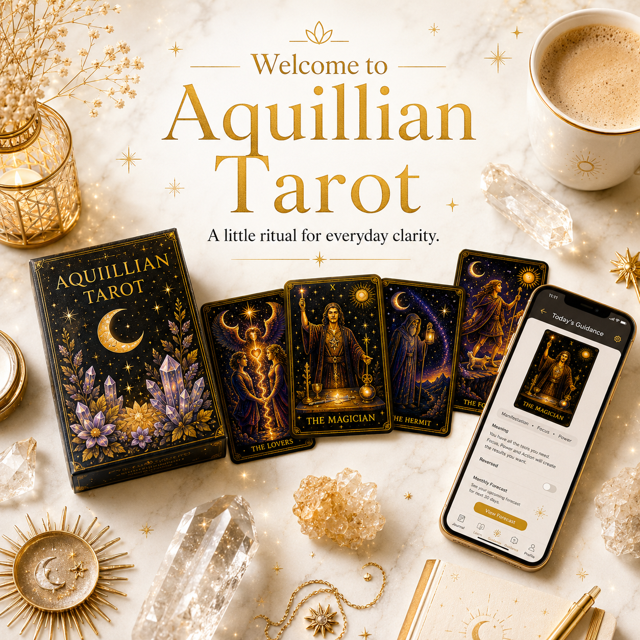 A collection of tarot cards, a box labeled 'Aquillian Tarot,' a smartphone showing a tarot card, a lit candle inside a decorative holder, crystals, gold jewelry, a notebook, and a cup of coffee with foam, all arranged on a marble surface with golden 