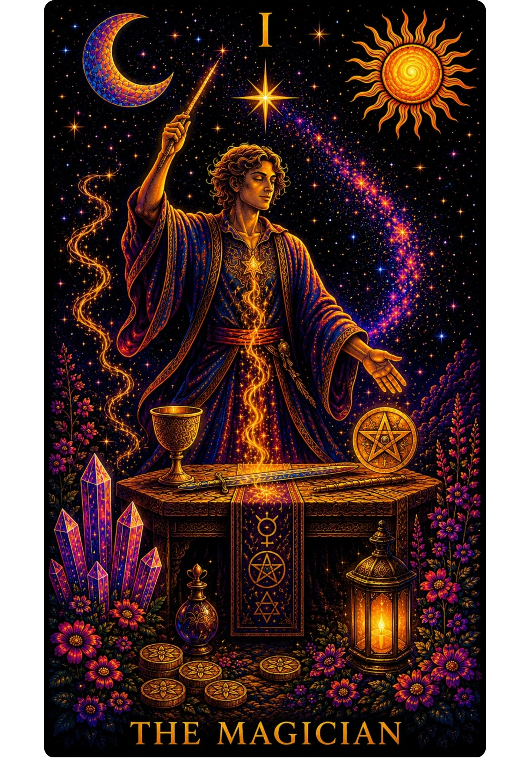 Discover The Magician tarot card meaning, including manifestation, personal power, creativity, focus and aligned action in the Aquillian Tarot.