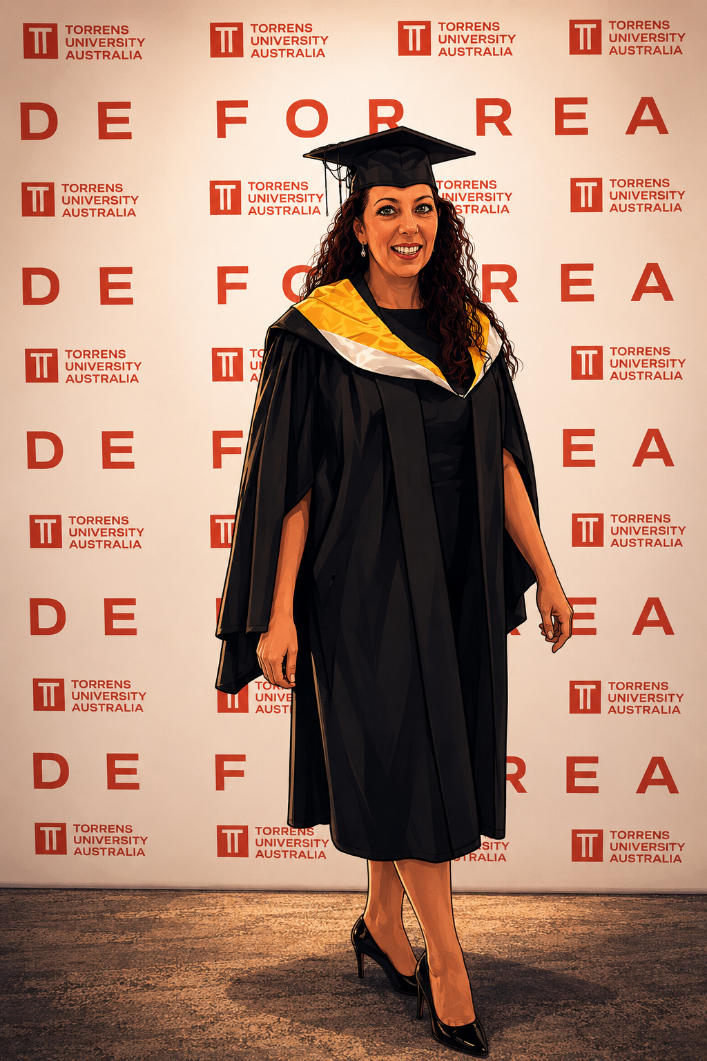 A woman in graduation attire, including a black cap and gown with gold accents, standing in front of a backdrop with the logo and name of Torrens University Australia, smiling at the camera.
