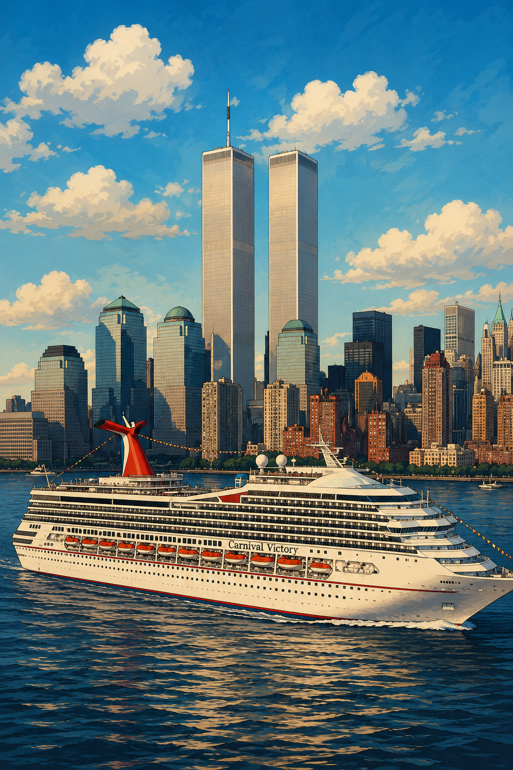 A cruise ship named Carnival Victory sailing in New York City harbor with the Manhattan skyline, including the Twin Towers, in the background during the day.