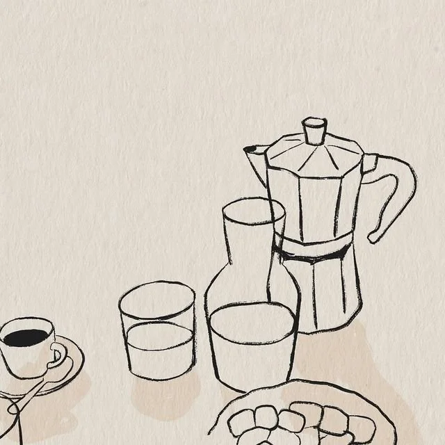 Dessin au trait de différentes tasses, verres, une cafetière moka et un plat de biscuits ou gâteaux.