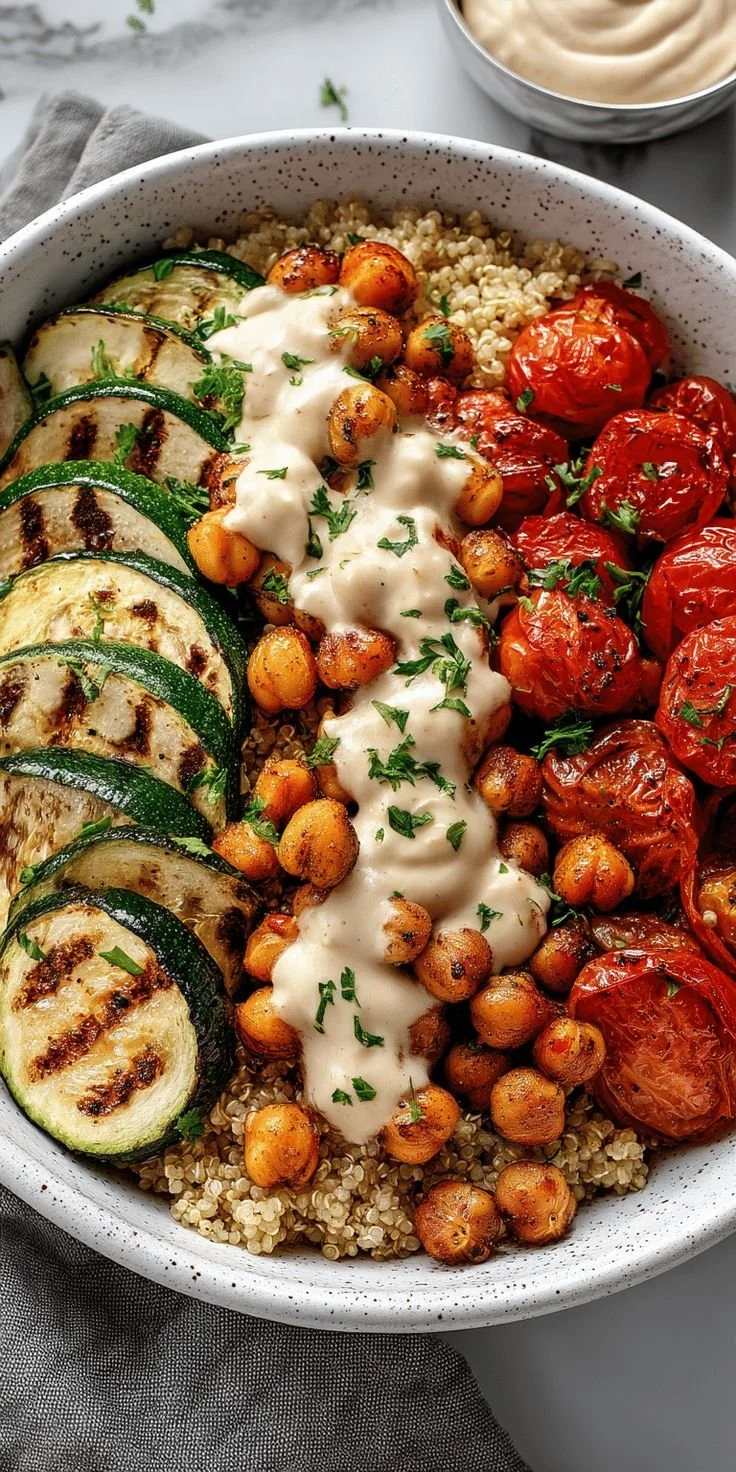Bol de quinoa garni de courgettes grillées, pois chiches avec sauce blanche, tomates cerises rôties, garnis de persil.