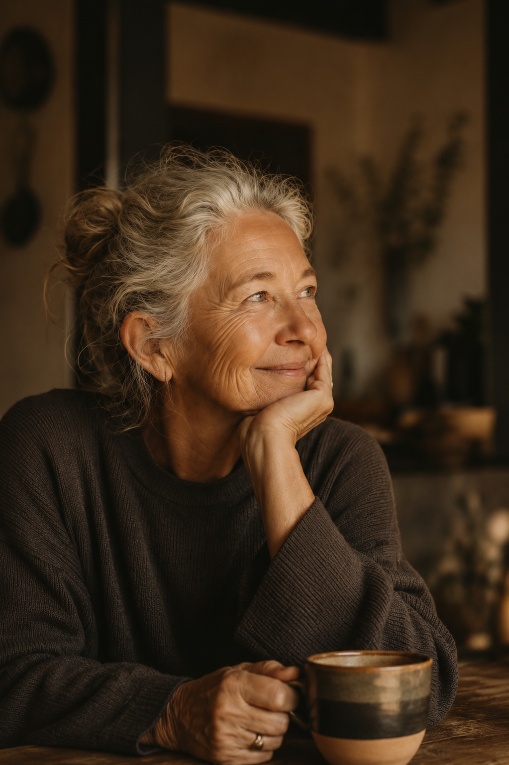 Une femme âgée souriante avec des cheveux gris, assise à une table avec une tasse, dans un intérieur chaleureux.